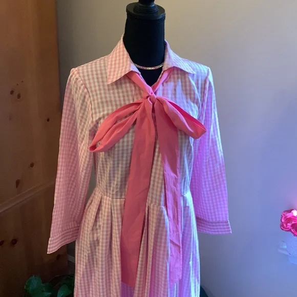 🌹Elegant Maxi Pink & White Long Sleeve Long Shirt Dress with Bow - Picture 5 of 10